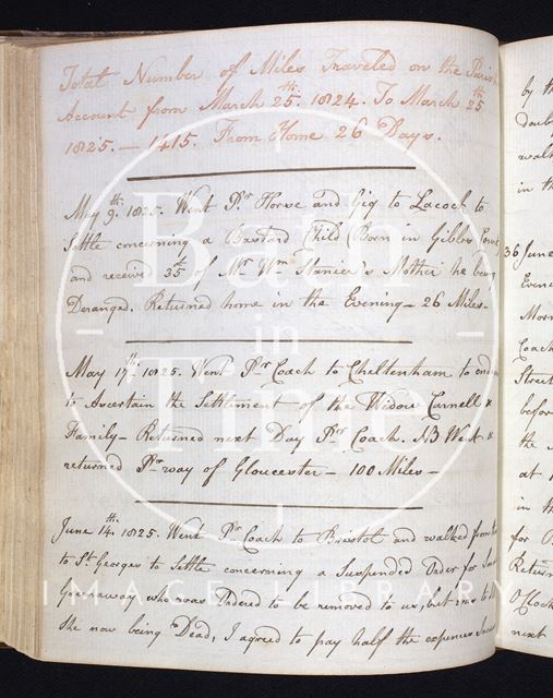 A page from the journey log of John Curry, overseer of the Parish of Walcot, Bath c.1811