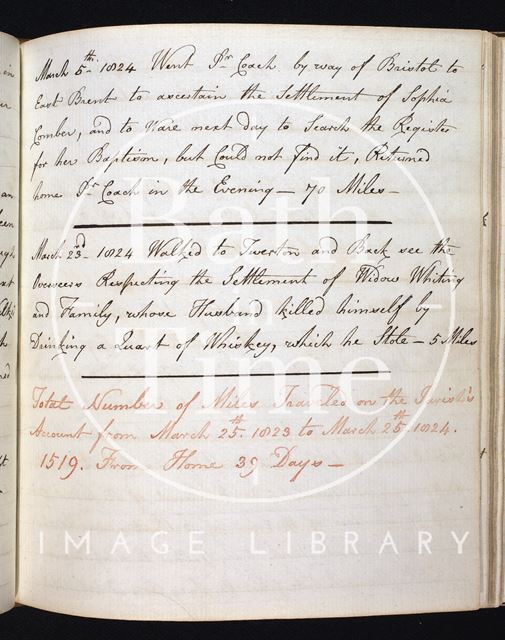 A page from the journey log of John Curry, overseer of the Parish of Walcot, Bath c.1811