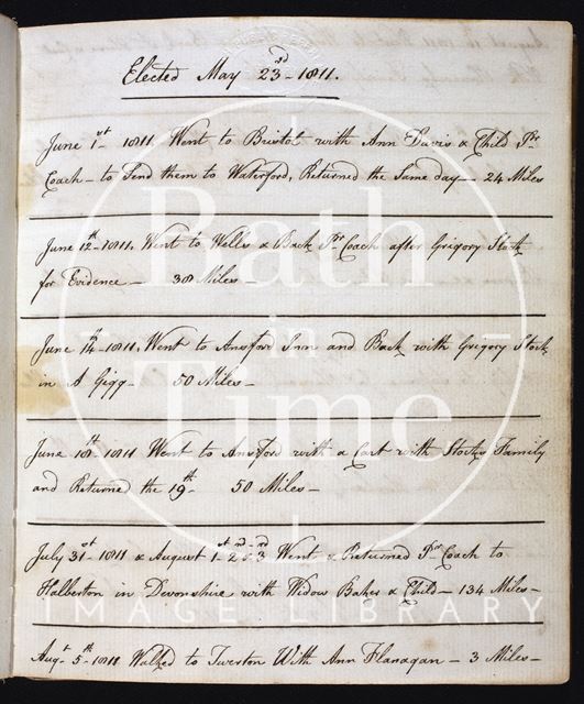 A page from the journey log of John Curry, overseer of the Parish of Walcot, Bath c.1811