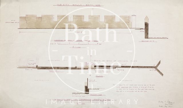 Old City Walls, Bath - Upper Borough Walls (elevation & section) - back of Weymouth House School (section & plan) 1927