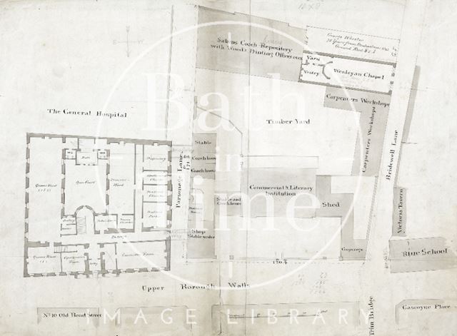 Plan of Upper Borough Walls, Bath - Parsonage Lane to Bridewell Lane (pre-Mineral Hospital extension) c.1800