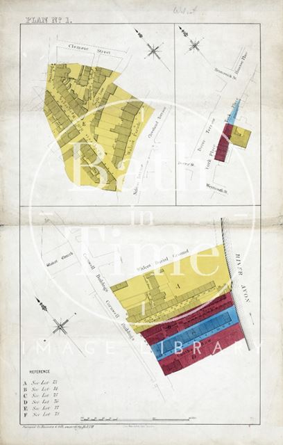 Sales plan for Margaret's Hill area, Bath; York Place, London Road area; Chatham Row/Cornwell Buildings area - Lots 73-78 - Plan No. 1 pre-1872