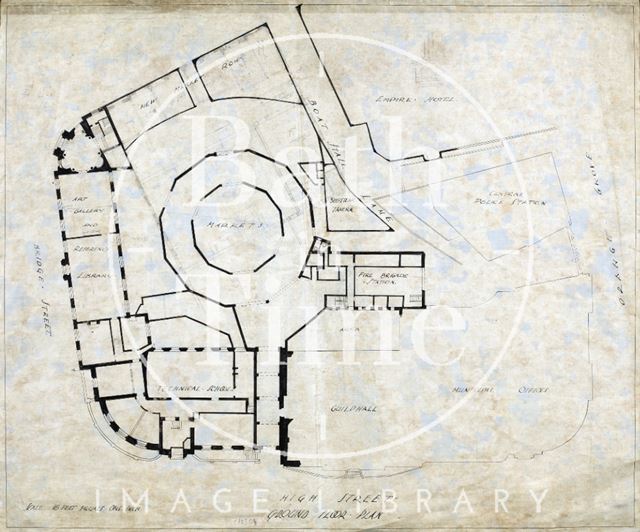 Plan of buildings around Guildhall, Bath - Technical Schools, Victoria Art Gallery, Markets, Newmarket Row, Fire Station, Beefsteak Tavern 1930?