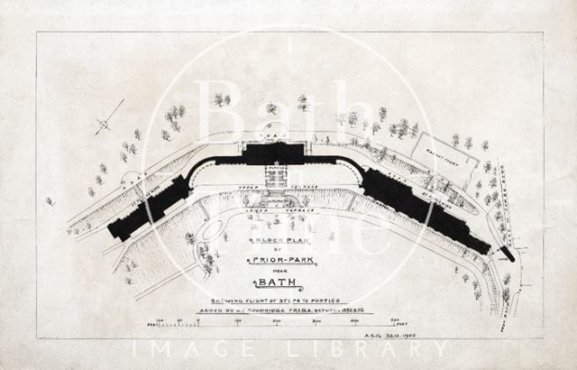 Block plan of Prior Park, Bath showing flight of steps to portico 1905