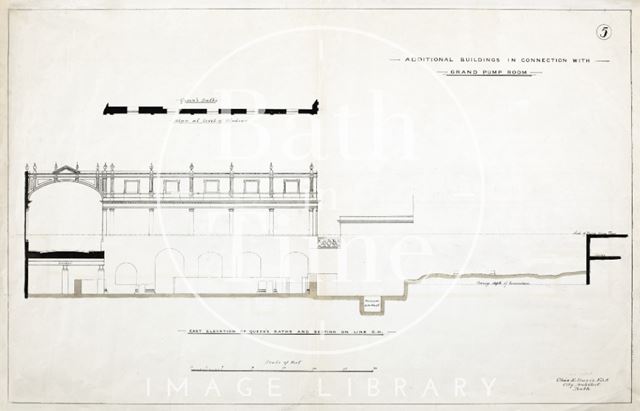 Additional buildings in connection with Grand Pump Room, Bath (east elevation of Queen's Bath and section on line CD) - Plan 5 1880?