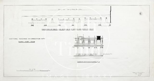 Additional buildings in connection with Grand Pump Room, Bath (elevation of south side of Roman baths & detail of portion of south side of Queen's Baths) - Plan 6 1880?