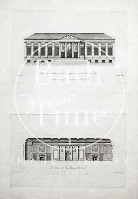 The Pump Room or Principal Front to the North and a Section of the Pump Room, Bath c.1781