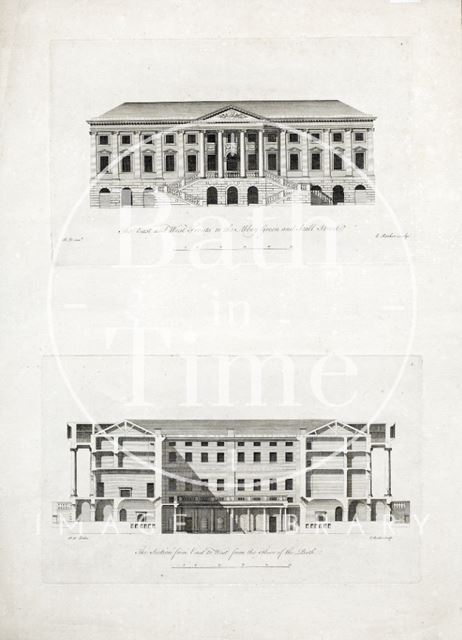 The East and West Front to the Abbey Green and Stall Street, Bath and the Section from East to West from the Floor of the Bath c.1781