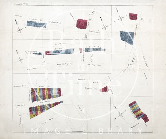 Sales plan for Comfortable Place, Chapel Row, Monmouth Place, Somerset Court/Buildings, Julian Road/Rivers Street, Barton Buildings, Bath - Lots 119-165 - Plan No. 5 pre-1872