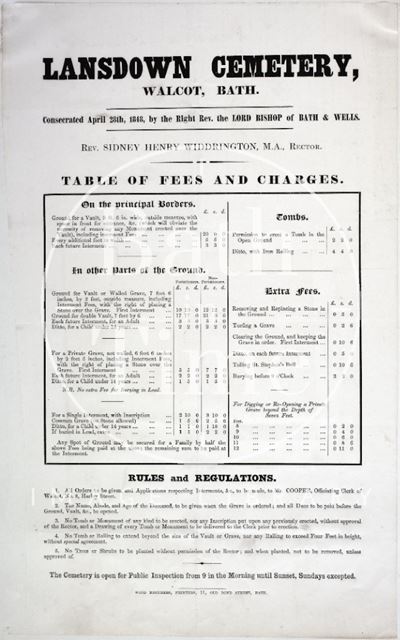 Table of Fees and Charges, Lansdown Cemetery, Bath 1848