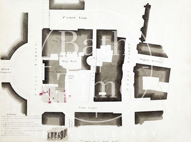 Plan highlighting Roman finds under site of current Roman Baths shop, Bath -found during excavation for housing in 1825