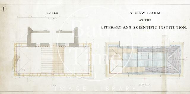 A new room at the Bath Royal Literary and Scientific Institution (2 plans, 2 sections, 2 elevations) - Charles W. Dymond 1889