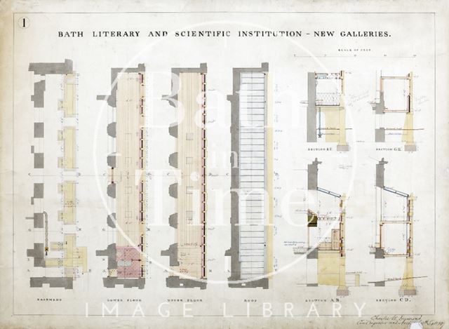 The new (side) galleries (sections and elevations) at the Bath Royal Literary and Scientific Institution - Charles W. Dymond Plan 1 1889