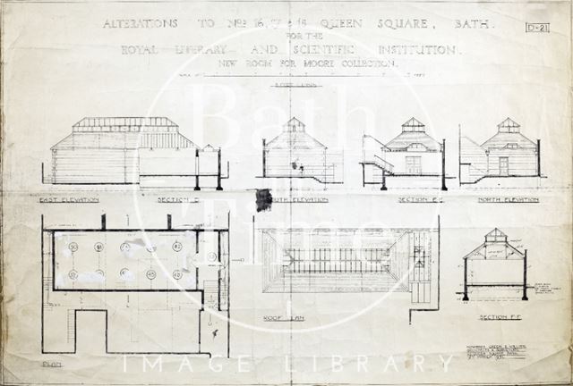 Alterations to 16, 17 & 18, Queen's Square for the Bath Royal Literary and Scientific Institution (elevations, sections, plans) (new room for Moore Collection) 1931