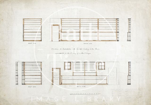 Section and elevation for proposed bookshelves in corridor leading to the room appropriated for the library of the Rev. L. Jenyns at the Bath Royal Literary and Scientific Institution c.1889?