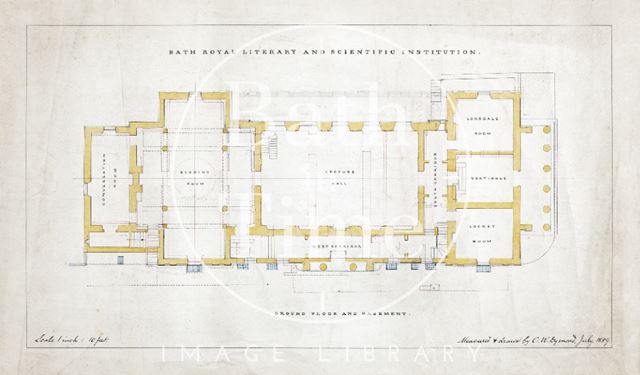 Plan of ground floor and basement at the Bath Royal Literary and Scientific Institution - C.W. Dymond 1889