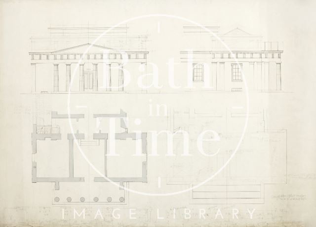 Ground floor and roof plan, front and side elevations of entrance to the Bath Royal Literary and Scientific Institution , Bath c.1889?