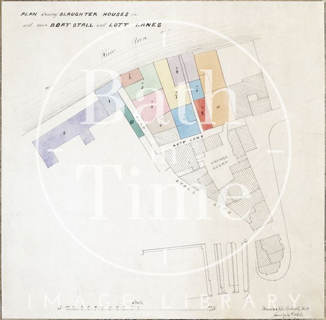 Plan showing slaughter houses in and near Boat Stall Lane and Lot Lane, Bath - Manners & Gill, Bath 1862