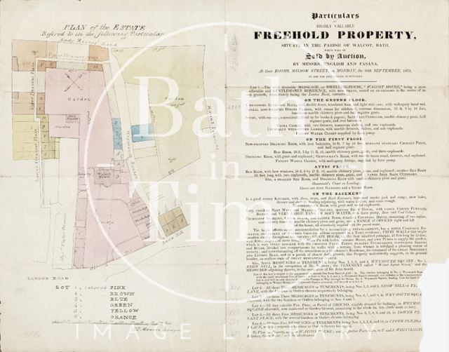 Plan and particulars of sale of land around Walcot House, Bath (Snow Hill, Weymouth Square & Pleasant Place) - G.P. Manners, Bath 1833