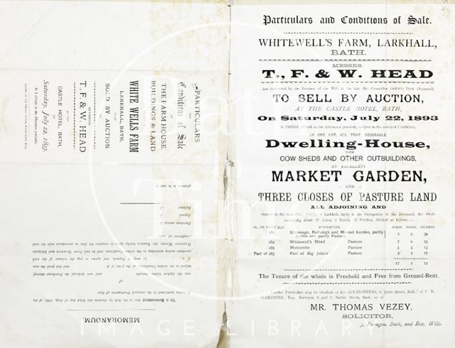 Particulars and conditions of sale of Whitewell's Farm, Larkhall, Bath 1893