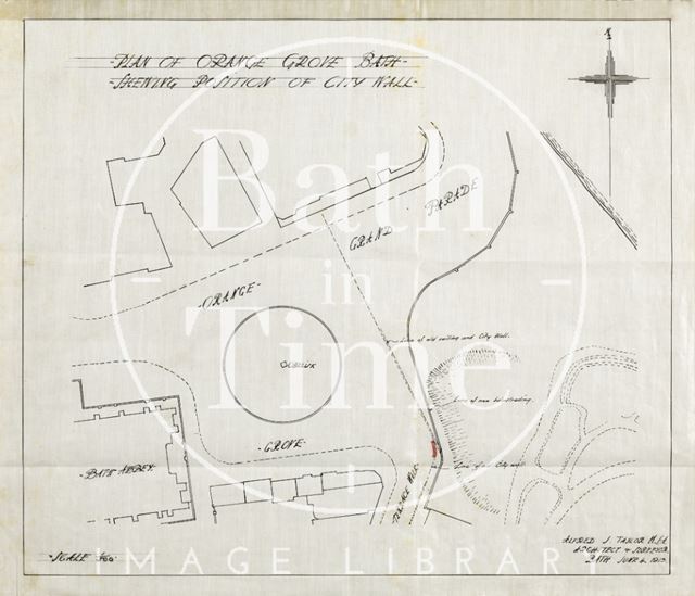 Plan of Orange Grove showing position of City Wall, Bath - Alfred J. Taylor 1913