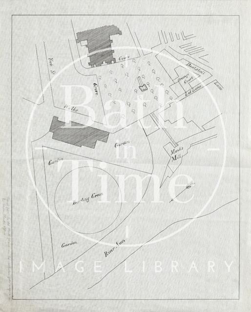 Tracing of map of Orange Grove, Monk's Mill Bowling Green and Parade Gardens, Bath (original noted as in Town Clerk's collection) early 18thC original c.1900