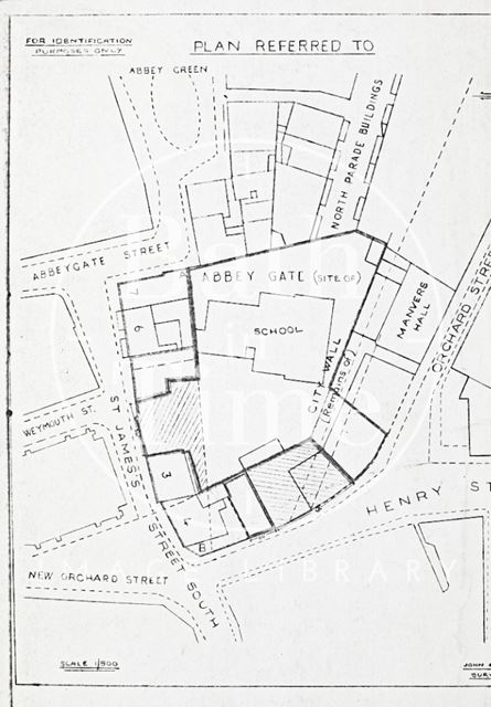 Plan highlighting buildings around Weymouth School possibly, Bath 1930s?