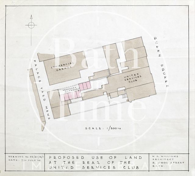 Proposed use of land (for garages) at rear of United Services Club, Queen Square, Palace Yard Mews, Bath - W.A. Williams architect 1955