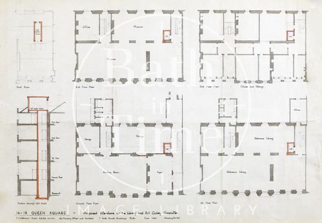 16-18, Queen Square, Bath proposed alterations for the Library & Art Gallery Committee - plans and section - Wilkinson 1960