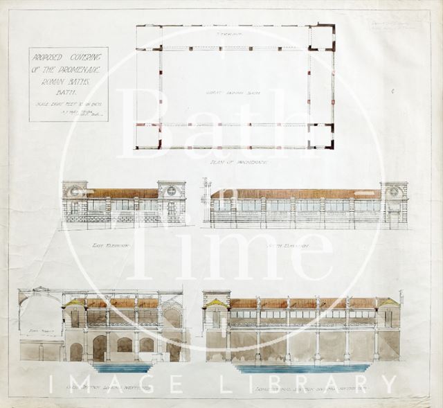 Proposed covering of the promenade at the Roman Baths, Bath - plan, elevations, cross section, longitudinal section - A.J. Taylor (1930s?)