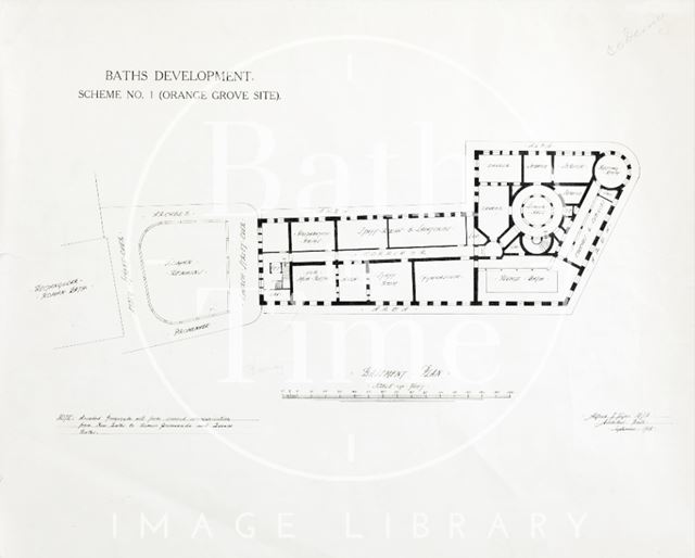 Baths development - Scheme No. 1, Orange Grove site, Bath, basement plan (under Kingston Buildings and York Street) - Alfred J. Taylor 1914