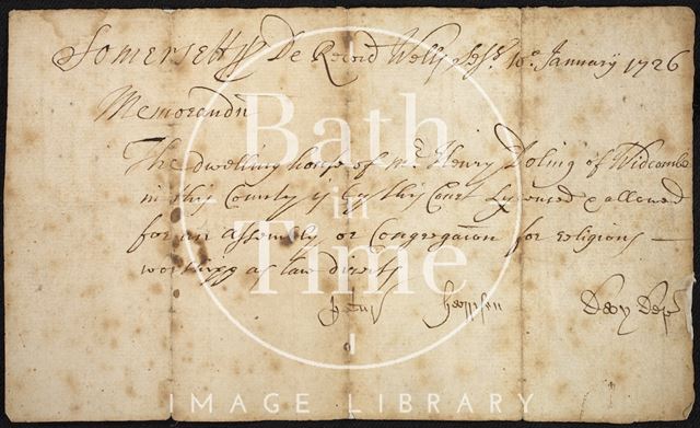 Memorandum from the Bath & Somerset Baptist Church 1726