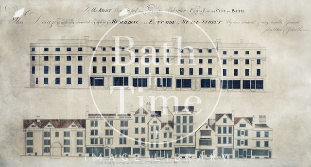 Rebuilding the east side of Stall Street, Bath - Allen & Parsons - before & after elevations 1805