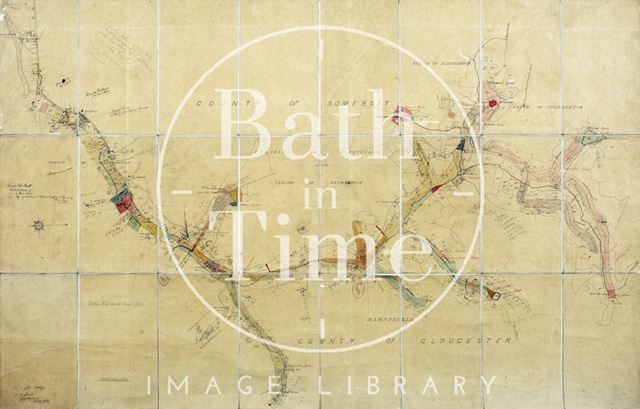 Plan of Bath Waterworks - following course of St. Catherine's Brook from source to River Avon with landowners 1870