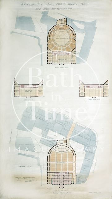 Proposed City (Concert) Hall, Grand Parade, Bath - ground, mezzanine & first floor plans - A.J. Taylor c.1930?