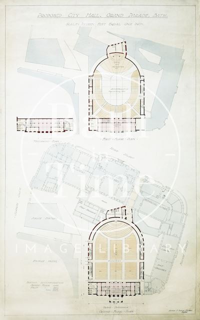 Proposed City (Concert) Hall, Grand Parade, Bath - ground, mezzanine & first floor plans - A.J. Taylor c.1930?