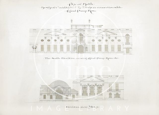 Design for additional buildings in connection with Grand Pump Room, Bath - elevations towards Abbey Church Yard, Bath 1894