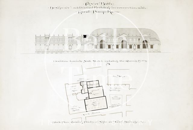 Design for additional buildings in connection with Grand Pump Room, Bath - elevation toward York Street & block plan 1894