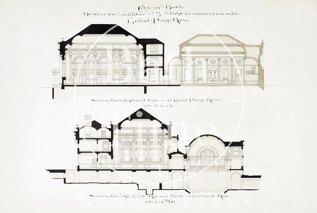 Design for additional buildings in connection with Grand Pump Room, Bath - sections through concert room and Grand Pump Room, Bath 1894