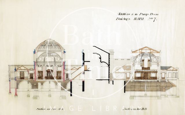 Addition to the Pump Room buildings, Bath - sections through concert hall - Scheme No. 7 - A.J. Taylor architect c.1890?