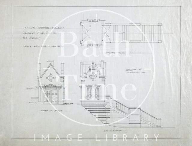 North Parade Bridge, Bath - proposed entrance to the Pavilion - plan & elevations of toll booth. A.J. Taylor architect, 4 & 5, Bridge Street 1930