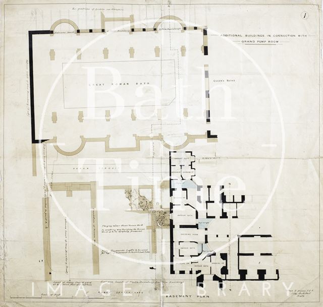 Added buildings connected to Grand Pump Room, Bath - basement plan - Plan 1 c.1890?