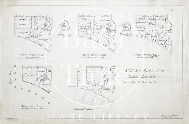 7, Bath Street, Bath, proposed alterations - basement, ground first, second & third floor plans of nurse's accommodation & labs - A.J. Taylor 1922