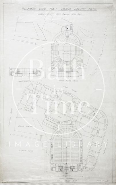 Proposed city (concert) hall, Grand Parade, Bath - first floor & mezzanine plan - ground floor including Guildhall & Technical Schools - A.J. Taylor 1930s