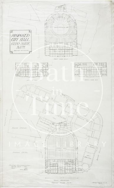 Proposed city (concert) hall, Grand Parade, Bath - first, mezzanine & second floor - ground floor including Guildhall & Technical Schools - A.J. Taylor (1930s)