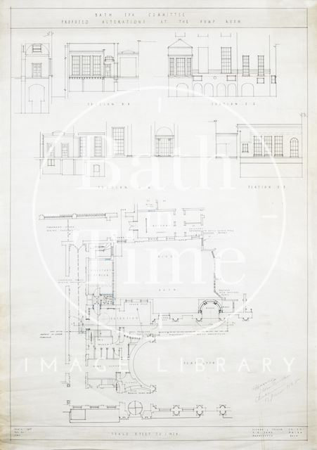 Bath Spa Committee proposed alterations at the Pump Room, Bath - sections & (ground floor) plan - A.J. Taylor & A.C. Fare 1937