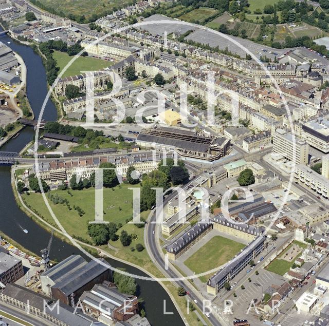 Aerial view of Bath showing Kingsmead Flats, an unrestored Green Park Station and Norfolk Crescent 1981