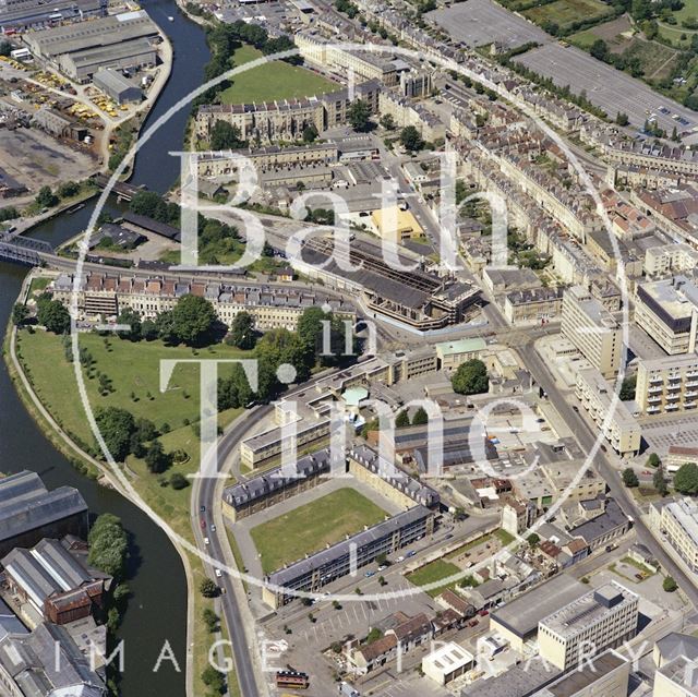 Aerial view of Bath showing Kingsmead Flats, an unrestored Green Park Station and Norfolk Crescent 1981