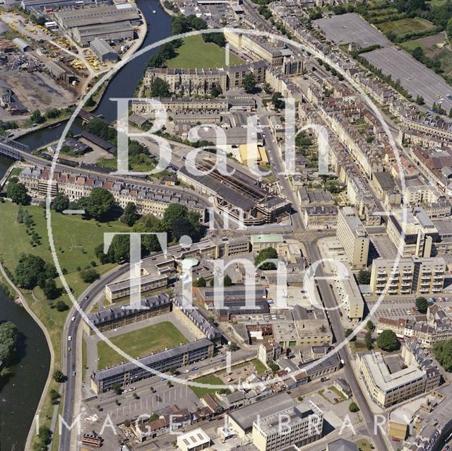 Aerial view of Bath showing Kingsmead Flats, an unrestored Green Park Station and Norfolk Crescent 1981