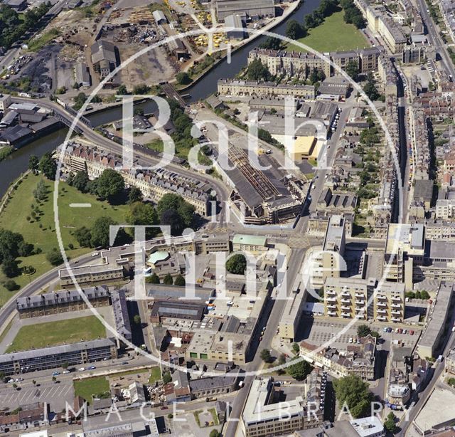 Aerial view of Bath showing Kingsmead Flats, an unrestored Green Park Station and Norfolk Crescent 1981